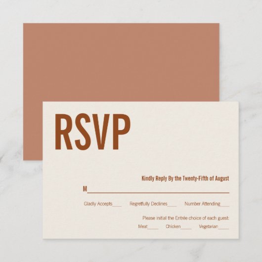 Simple Boho Terracotta Typography Wedding RSVP Kaartje (Voorkant / Achterkant)