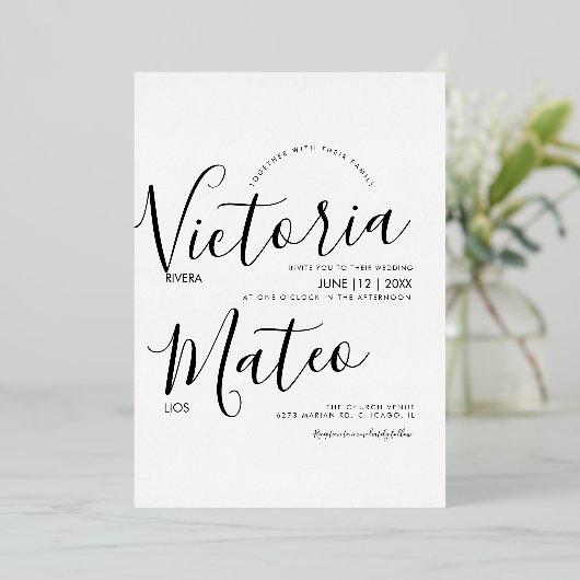 Simple Bold Script Typography Black White Wedding Folie Uitnodiging (Staand Voorkant)