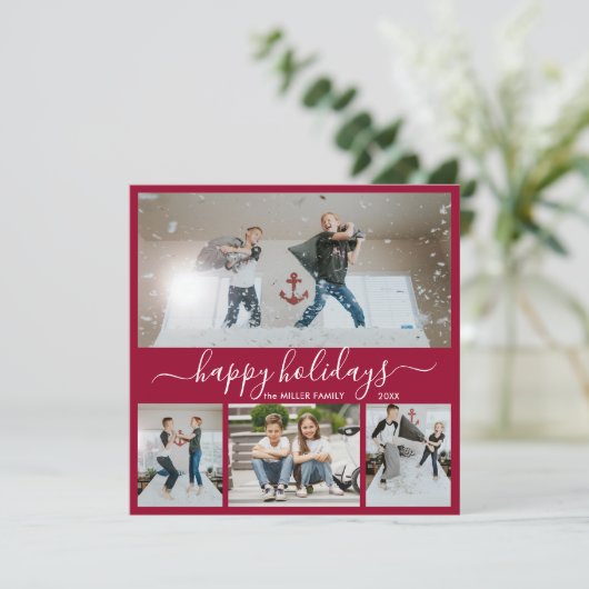 Simple Bordo White 4 Photo Collage Happy Feestdagenkaart (Staand voorkant)