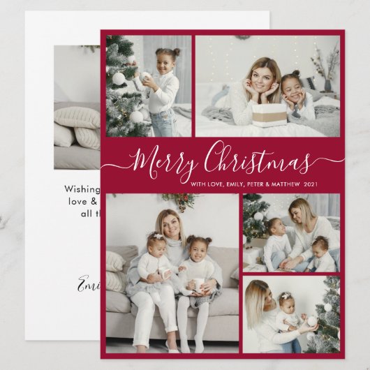 Simple Bordo White 5 Photo Collage Kerstmis Feestdagenkaart (Voorkant / Achterkant)
