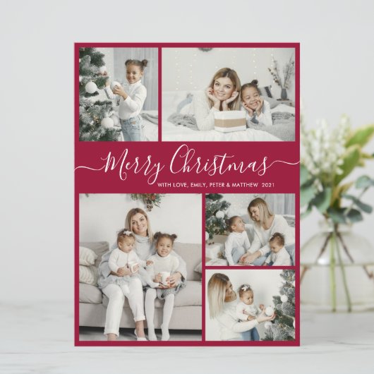 Simple Bordo White 5 Photo Collage Kerstmis Feestdagenkaart (Staand voorkant)