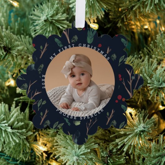 Simple Botanical Baby's Eerste Kerstfoto Ornament Kaart (Insitu (Drie))