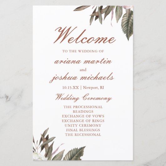 Simple Botanical Wedding Ceremony Program (Voorkant)