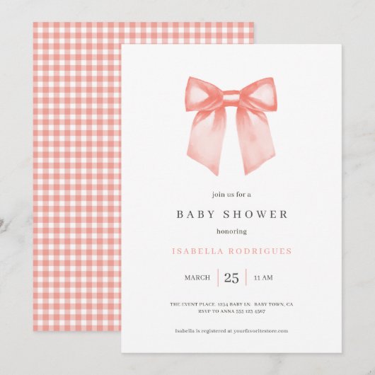 Simple Bow Baby shower Invitation Kaart (Voorkant / Achterkant)