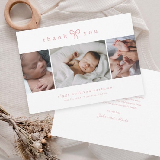 Simple Bow Girl Photo Collage Baby Bedankkaart