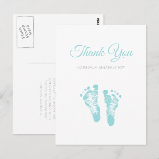Simple Boy Baby shower Dank u Blue Footprints Briefkaart (Voorkant / Achterkant)