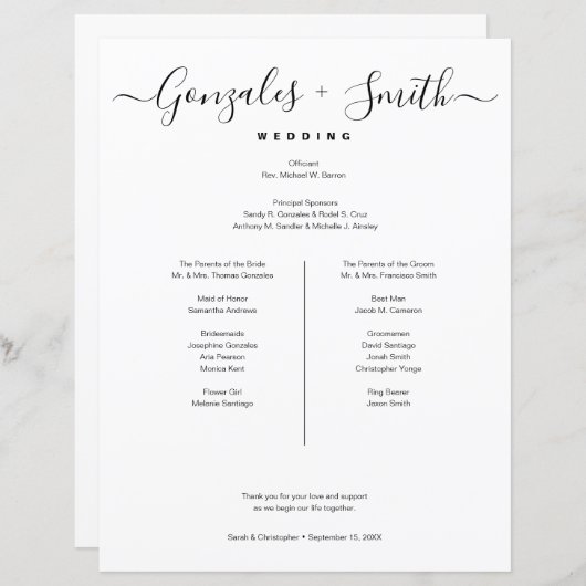 Simple bridal party Wedding Timeline list (Voorkant / Achterkant)