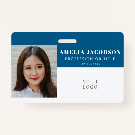Simple Bright Blue Employee Photo ID Logo Barcode  Badge (Voorkant)