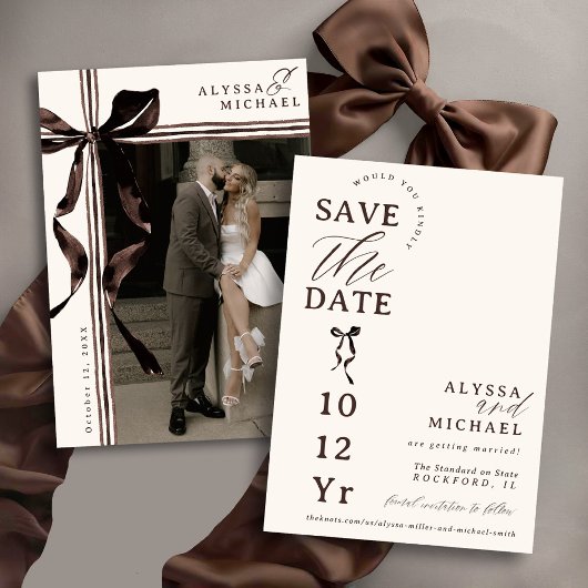 Simple Brown and Ivory Bow Elegant Photo Wedding Save The Date