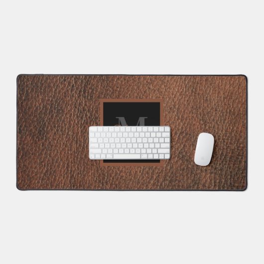 Simple Brown Leather Pattern Monogram Name  Bureaumat (Keyboard & Muis)