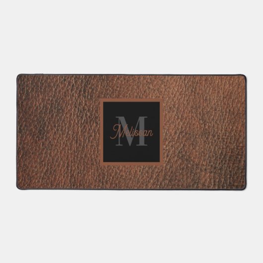 Simple Brown Leather Pattern Monogram Name  Bureaumat (Voorkant)