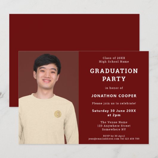Simple Burgundy Afstudeerder Photo Graduparty Kaart (Voorkant / Achterkant)