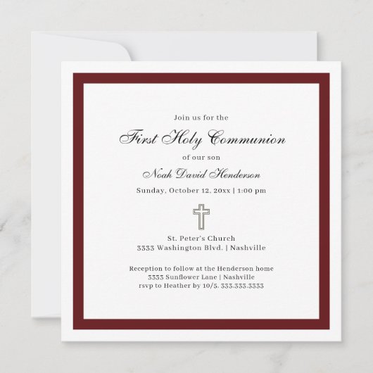 Simple Burgundy and White First Holy Communion  Kaart (Voorkant)