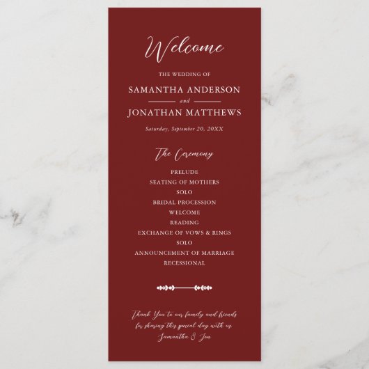 Simple Burgundy Elegant Script Wedding Ceremony Programmakaart (Voorkant)