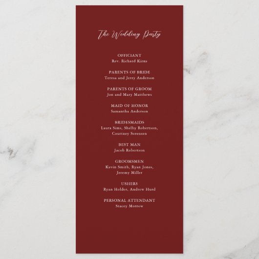 Simple Burgundy Elegant Script Wedding Ceremony Programmakaart (Achterkant)