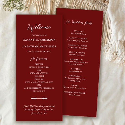 Simple Burgundy Elegant Script Wedding Ceremony Programmakaart