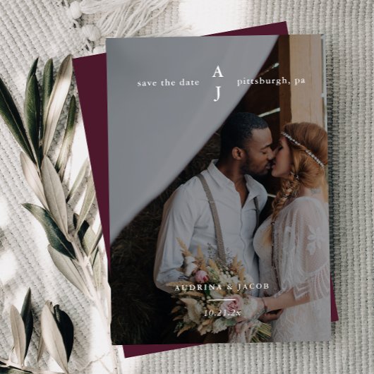 Simple Burgundy Photo Monogram Weddenschap Save The Date