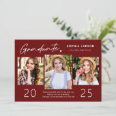 Simple Burgundy Red 3 Photo Collage Afstuderen Aankondiging (Staand voorkant)
