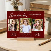 Simple Burgundy Red 3 Photo Collage Afstuderen Aankondiging