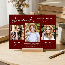 Simple Burgundy Red 3 Photo Collage Afstuderen Aankondiging