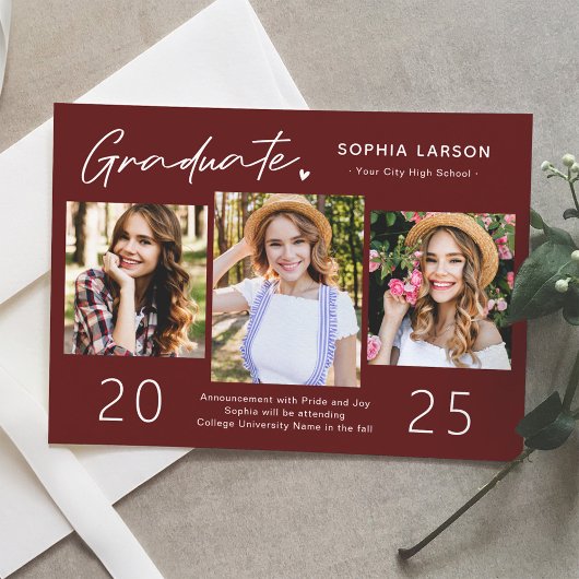 Simple Burgundy Red 3 Photo Collage Afstuderen Aankondiging