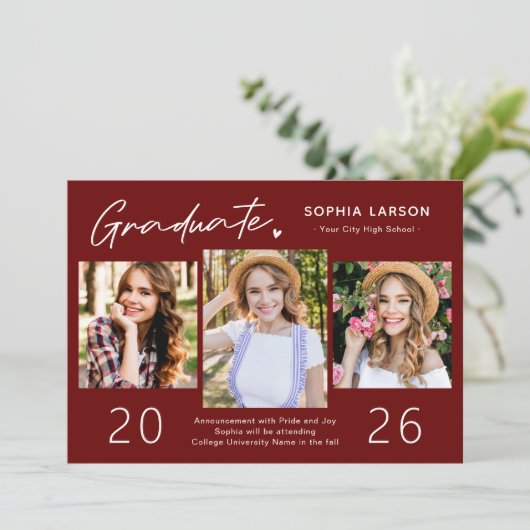 Simple Burgundy Red 3 Photo Collage Afstuderen Aankondiging (Staand voorkant)