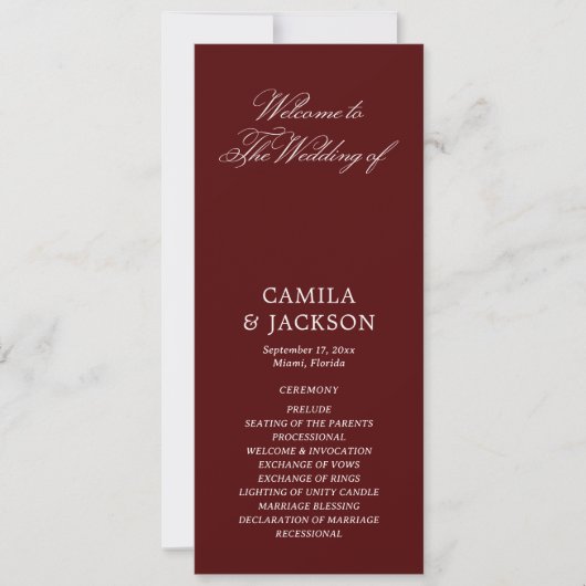 Simple Burgundy Wedding Flat Program Kaart (Voorkant)