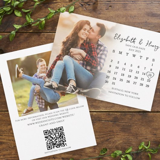 Simple Calendar Calligraphy Two Photo QR Code Save The Date