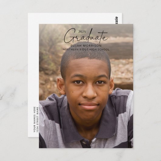 Simple Calligraphy Black Overlay Photo Afstuderen Briefkaart (Voorkant / Achterkant)