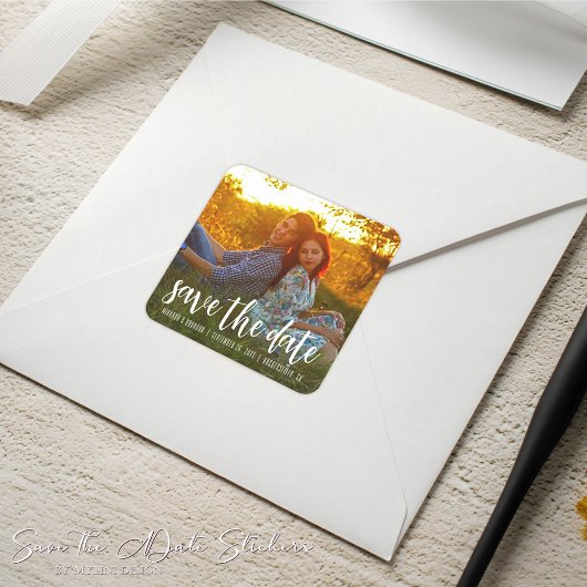 Simple Calligraphy Photo Wedding Save the Date Vierkante Sticker