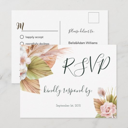 Simple Calligraphy Rustic Floral Wedding RSVP Post Briefkaart (Voorkant / Achterkant)