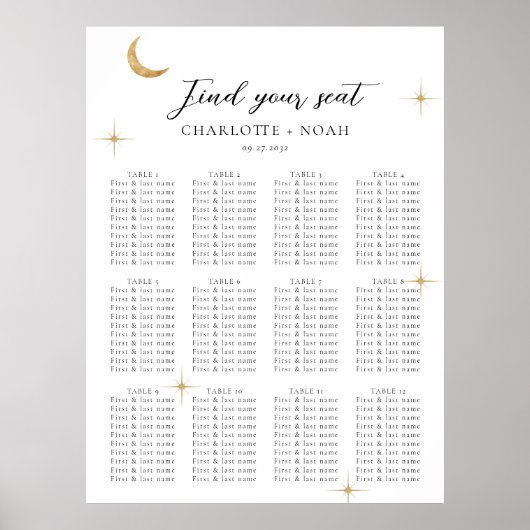 Simple Celestial Gold Moon Wedding Seating Charts Poster (Voorkant)