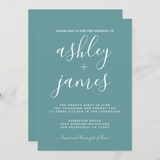Simple Chic Calligraphy Dusty Turquoise Wedding Kaart (Voorkant / Achterkant)