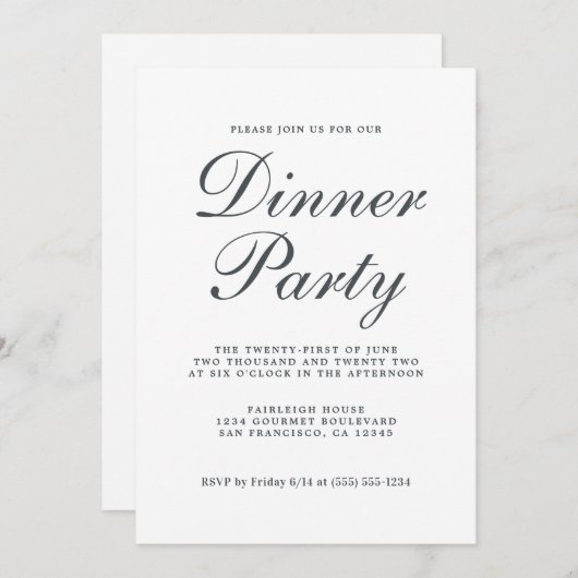Simple Chic Calligraphy White Dinner Party Kaart (Voorkant / Achterkant)