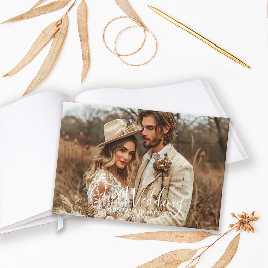 Simple Chic Elegant Calligraphy Photo Wedding Gastenboek