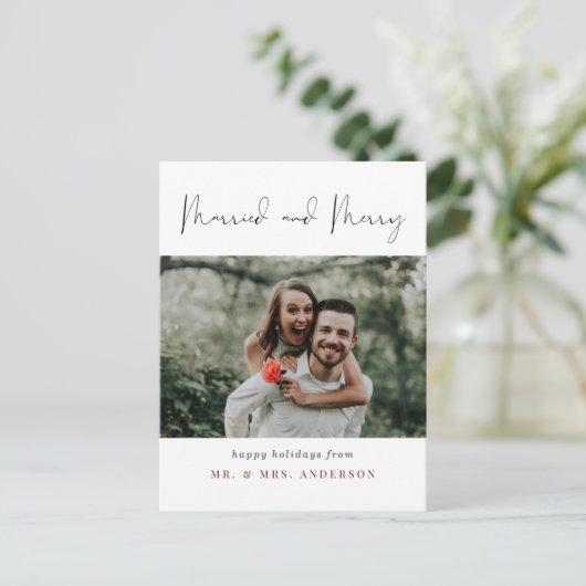 Simple Chic Married en Merry Photo Kerstmis Briefkaart (Staand voorkant)