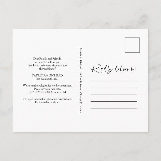 Simple Chic New Plan Weddenschap Uitgesteld Briefkaart (Achterkant)