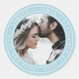 Simple Chic Save the Date Trouwfoto Blauwe Gloed Ronde Sticker