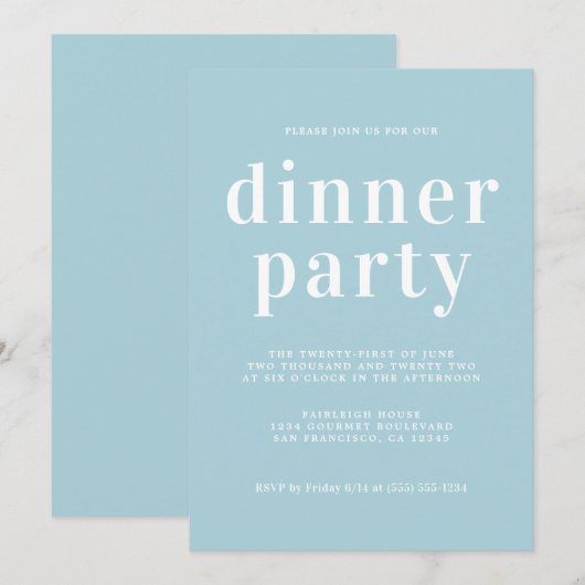 Simple Chic Typography Blue Glow Dinner Party Kaart (Voorkant / Achterkant)