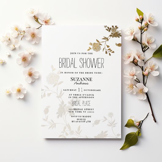 Simple chic white gold glitter flora Bridal Shower Kaart