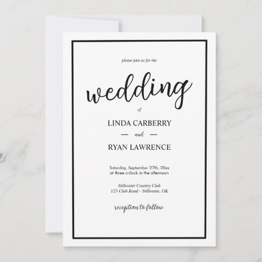 Simple Classic Black and White Wedding Invitation Kaart (Voorkant)