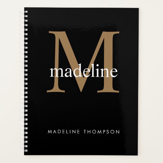 Simple Classic Black Gold Monogram Name Initiaal Planner (Voorkant)