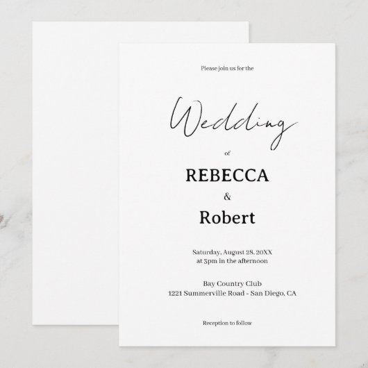 Simple Classic Black & White Wedding Invite Kaart (Voorkant / Achterkant)