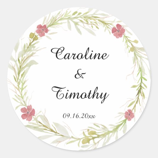 Simple Classic Leafy Floral Wreath Wedding Ronde Sticker (Voorkant)