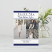 Simple Classy 3Photo Blue | Witte Afstuderen Bedankkaart (Staand voorkant)