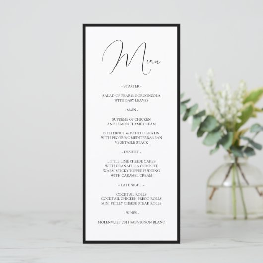 Simple Classy Black & White Border Script Wedding Menu (Staand voorkant)