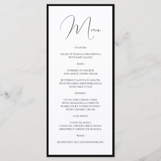 Simple Classy Black & White Border Script Wedding Menu (Voorkant)
