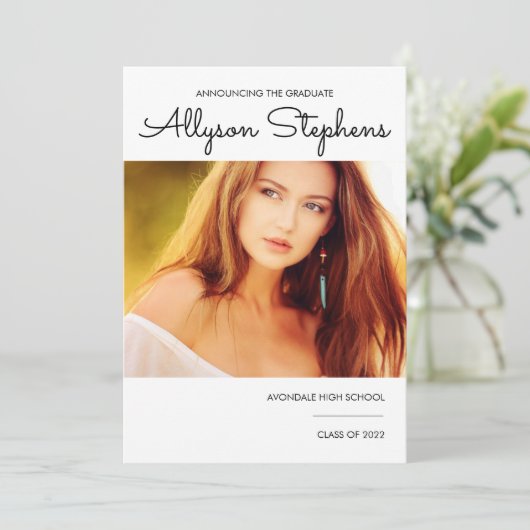 Simple Classy Script One Photo White | Zwarte teks Aankondiging (Staand voorkant)