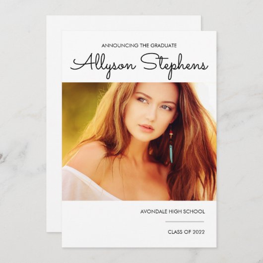 Simple Classy Script One Photo White | Zwarte teks Aankondiging (Voorkant / Achterkant)