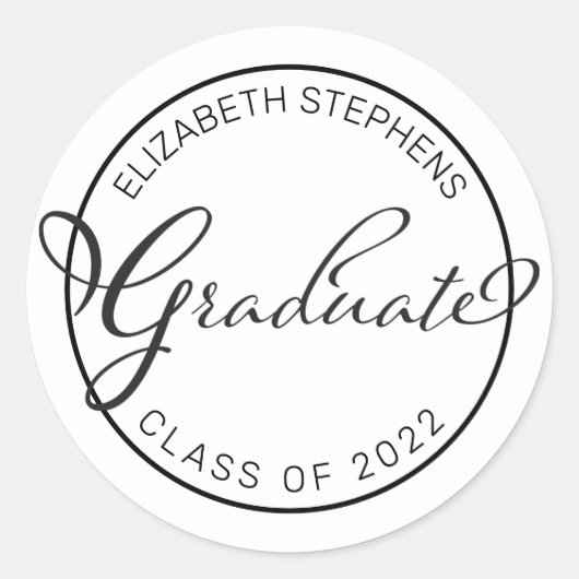 Simple Classy Script Text Afstuderen White | Zwart Ronde Sticker (Voorkant)